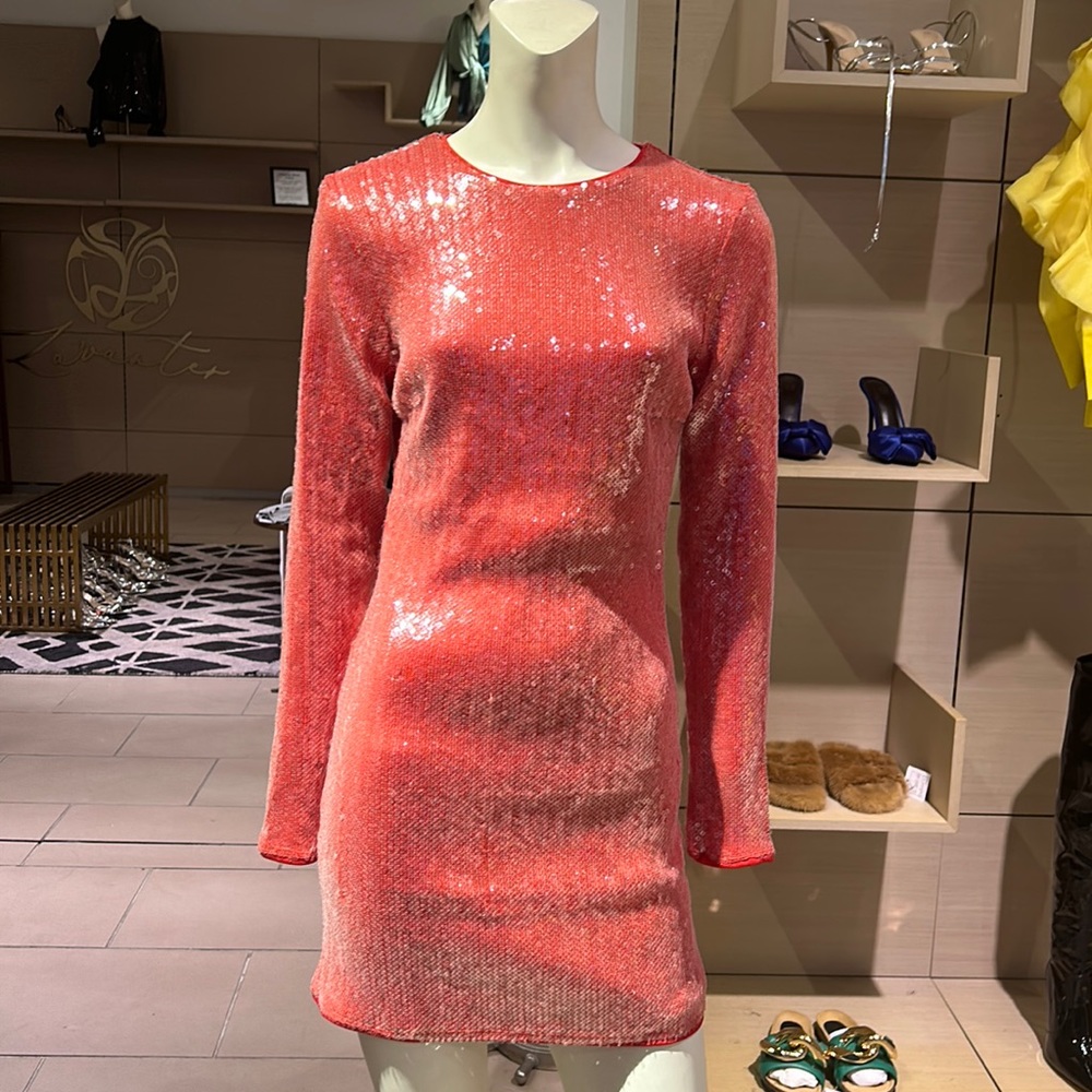 Long sleeve Red sequin dress with clear sequin.